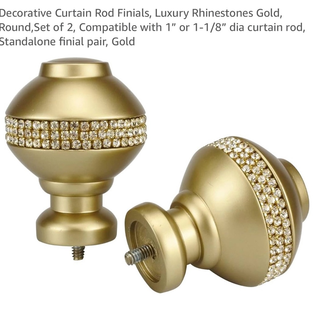 Curtain rod Finials Luxury Decorative Brushed  goldtone w rhinestones pr UNUSED